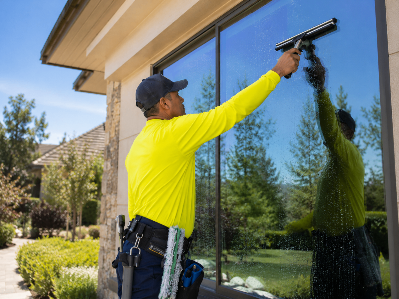 Professional window cleaner using a squeegee on a residential exterior window