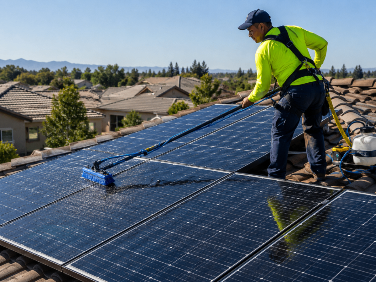 Technician cleaning rooftop solar panels with a water-fed soft brush