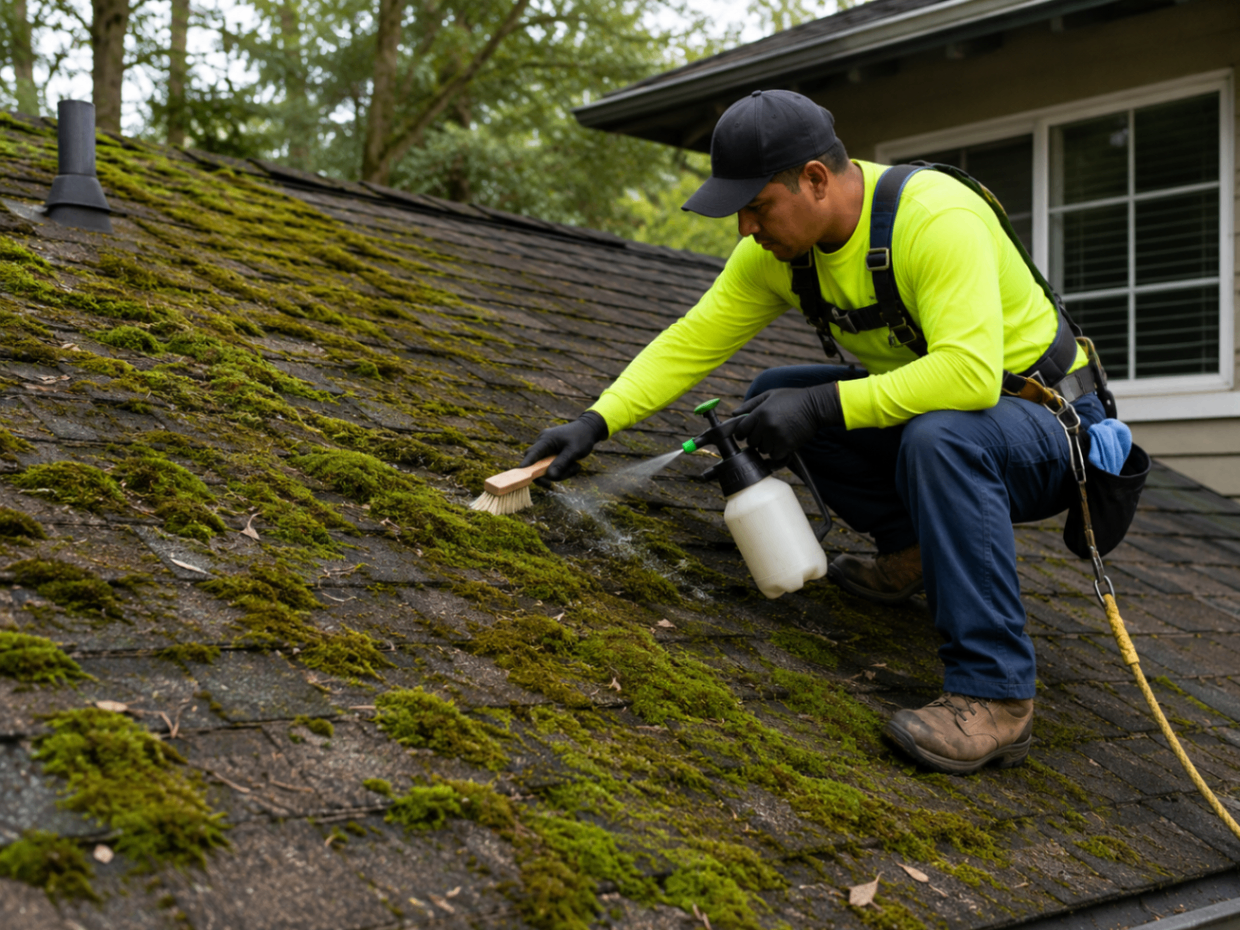 Technician gently removing moss from a shaded residential roof with a soft brush